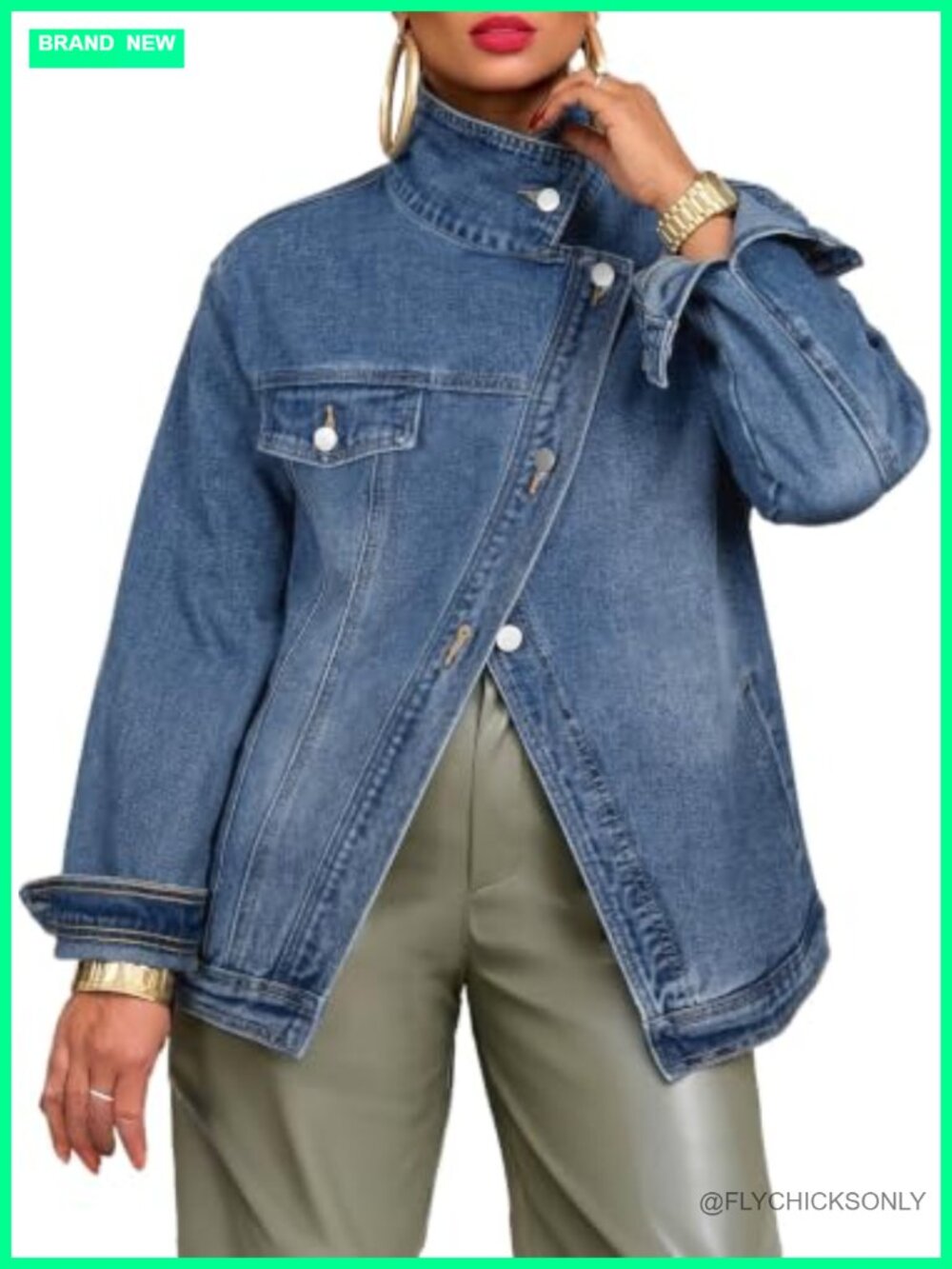Oversized Washed Denim Jacket High Neck Asymmetrical Button Street Style Coat